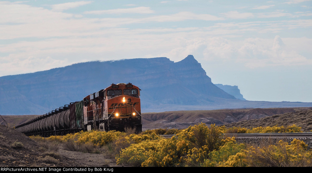 BNSF 5916 leads a tank train westbound over the former D&RGW main line through the Rockies